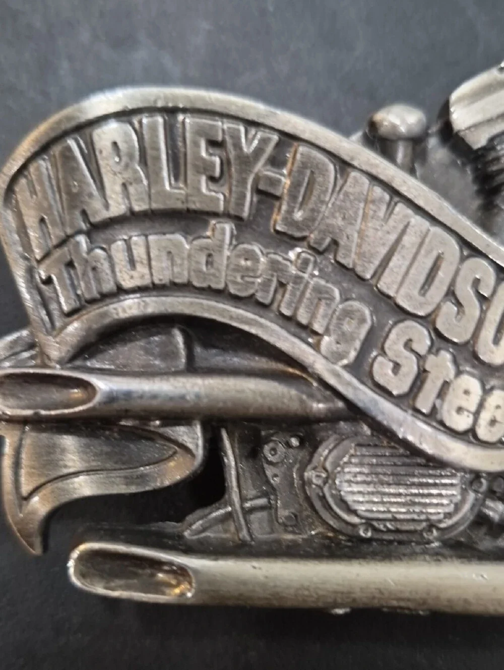 Vintage Harley-Davidson Thundering Steel Motorcycle Engine Belt Buckle - Silver
